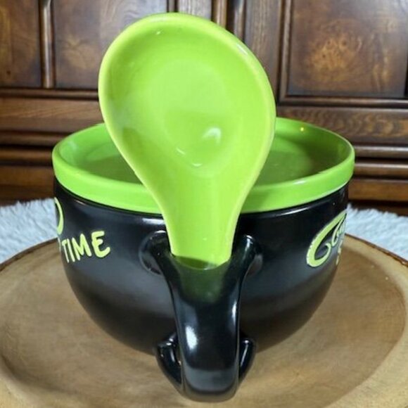 NWOT Soup Time Lime Green Black Soup Snack Tray Top Ceramic Mug with Spoon - Picture 3 of 12